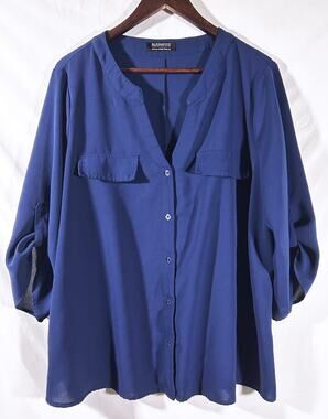 Bloomchic Navy Blue V-Neck Roll Tab Sleeve Flowing Blousem14/16